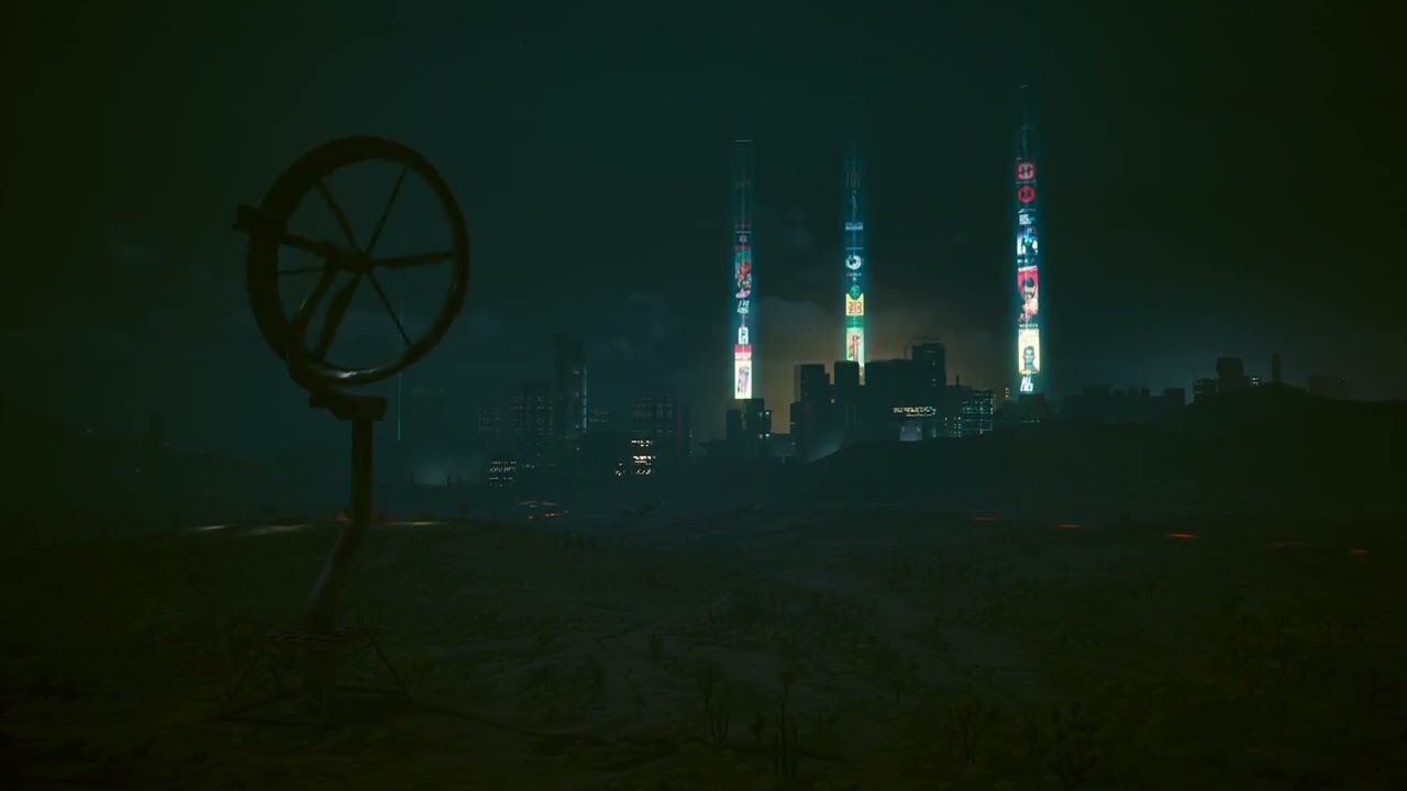 Badlands Turbine at Night - City Lights in the Distance with Classical Music in a Cyberpunk 2077