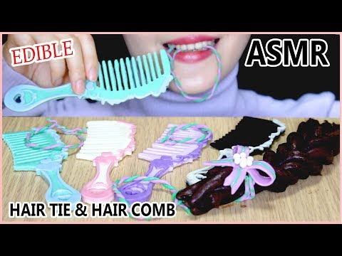 ASMR EDIBLE HAIR COMB & HAIR TIE EATING SOUNDS | 식용 머리빗 머리끈 | チョコレート 髪の櫛  ヘアタイ| PRANK