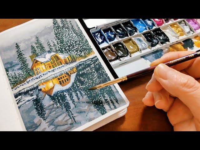 水彩画を始めて168日目／透明水彩で風景画を描く❄雪景色に暖かい