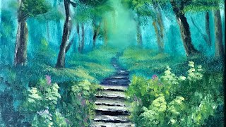 Deep green Forest Painting with Path and Flowers- Step by Step Beginner Painting with Axel Laslo