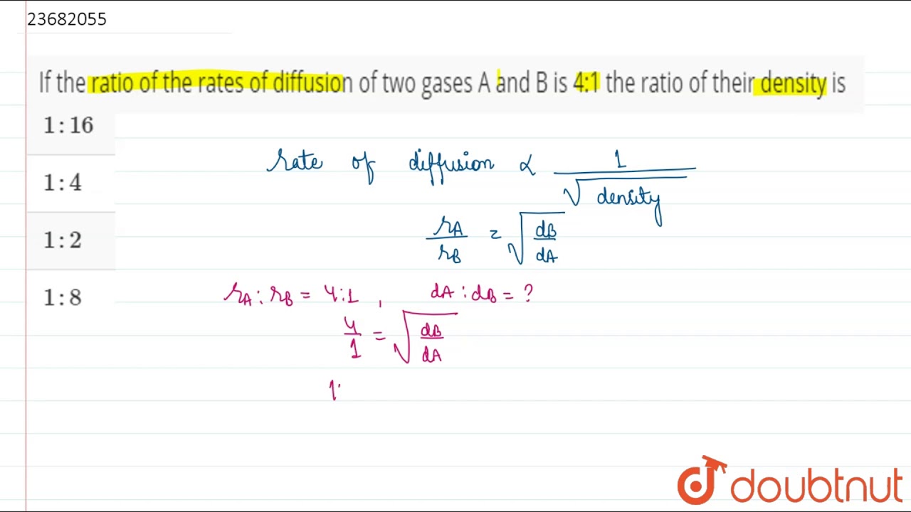 If the ratio of the rates of diffusion of two gases A and B is 41 the