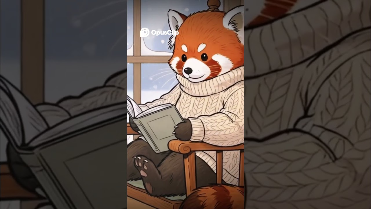 Cozy Red Panda Reads by Fireplace with Snow Outside