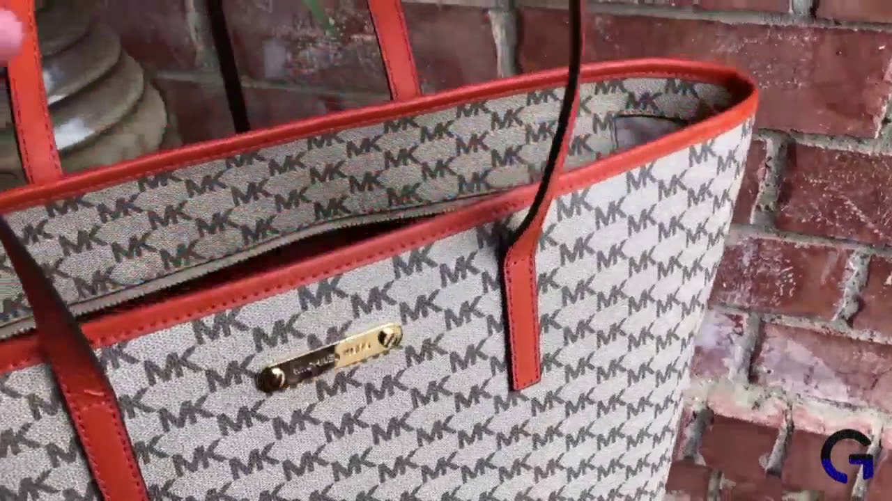 NWT Michael Kors Studio Emry Large Top Zip Logo Tote Bag Purse Natural/Orange