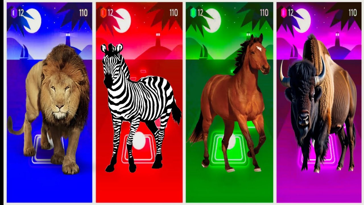 Animals tiles hop BATTLE Lion vs Zebra vs Horse 🐎🆚 Bison vs YES #tileshopedmrush #coffindance 