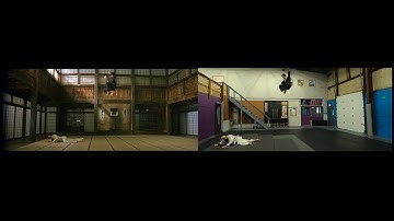 (Original Sound) Shot for shot remake of "The Matrix" Morpheus vs. Neo Dojo Fight Scene Side-By-Side