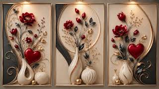 Luxury Red Floral Wall Art Elegant Gold Black Home Decor with LED Lights 4K