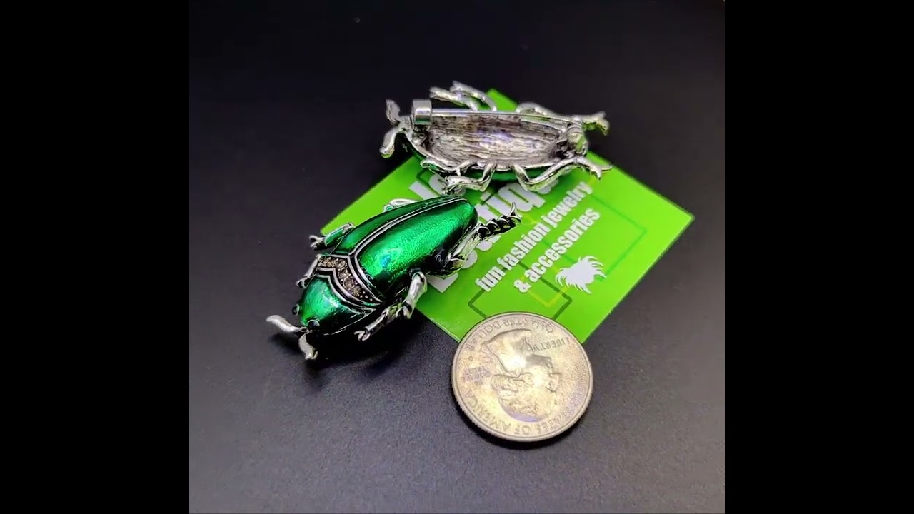 JOJI BOUTIQUE: Silver & Green Enameled Beetle/Scarab Pin/Brooch