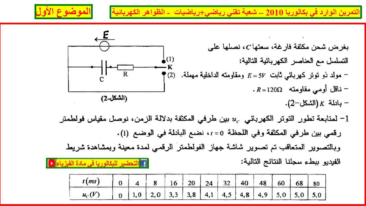 الحل المفصل للتمرين الوارد في بكالوريا 2010 #تقني #رياضي + رياضيات ~~ كهرباء الموضوع الأول