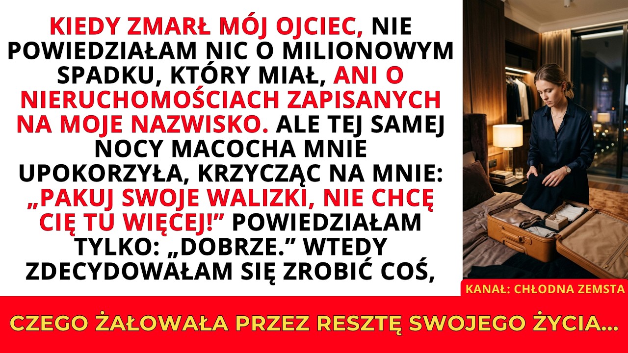 „Pakuj walizki. Dziś nie chcę cię tu więcej widzieć. To już nie jest twój dom” – usłyszałam od macochy w noc po pogrzebie mojego ojca. Stałam na śniegu z dwiema walizkami, patrząc, jak gasną...