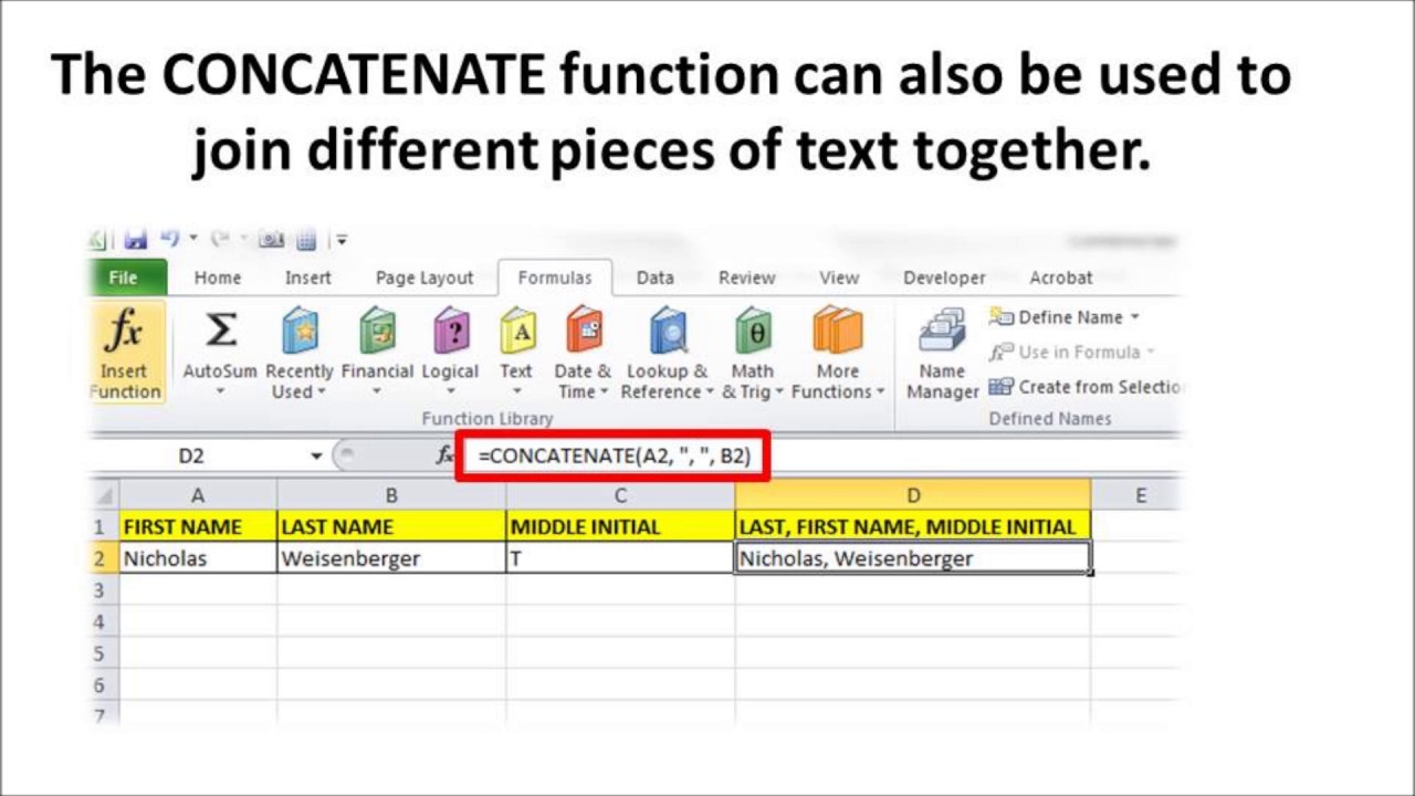 merging cells in excel with text