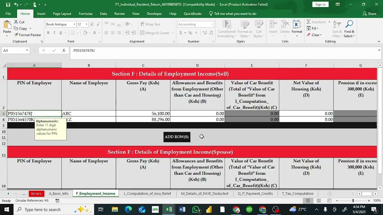 Filing Individual Income Tax returns using P9 form/Excel option