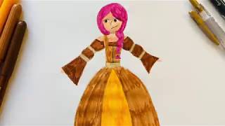 How to draw a princess dress step by step easy | drawing and painting -medieval style brown and gold