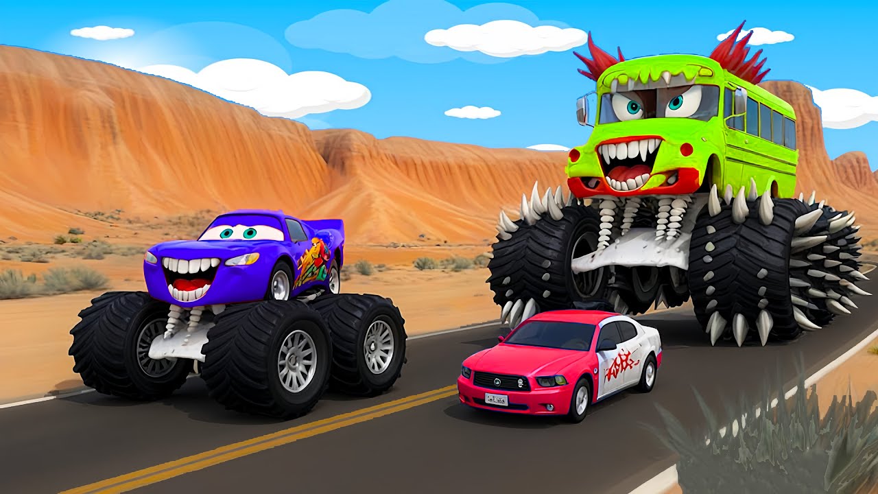 Can Police Car & Mcqueen Car escape from Monster Bus on city racing track? Who can escape?