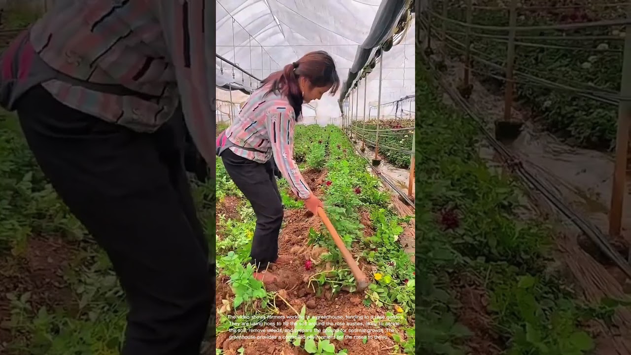 Rose Garden Maintenance: Farmers Tilling Soil in Greenhouse
