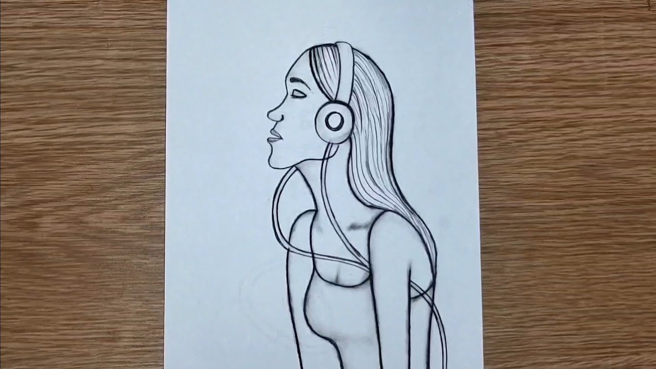 How to draw a Girl wearing Headphone Pencil sketch for beginner