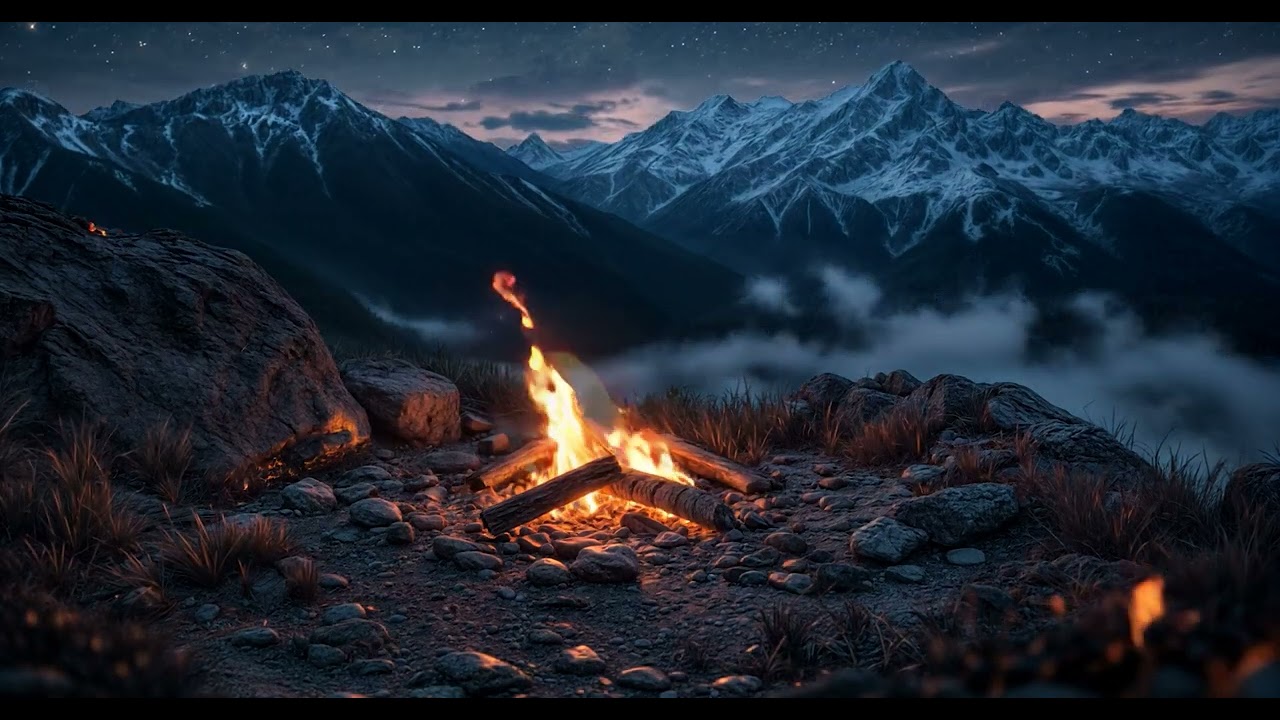 4K Mountain Fire Ambience — Peaceful Flames Under the Stars