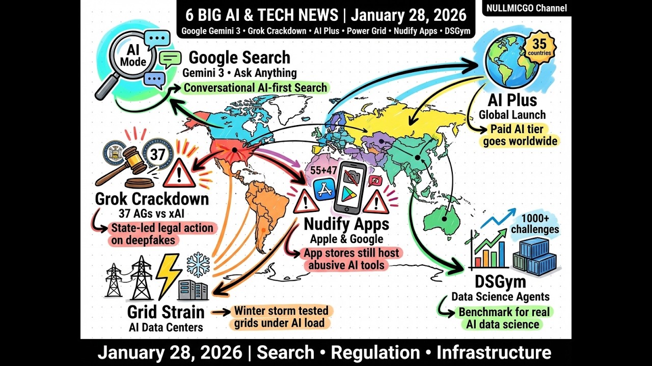 AI News Jan 28, 2026 | Google AI Search + Gemini 3, Grok Crackdown, Power Grid Crisis & DSGym