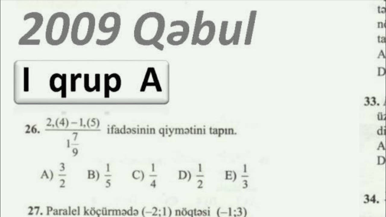 Riyaziyyat 2009 Qəbul, I Qrup, A variantı