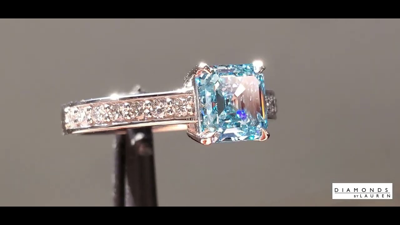 Lab Grown Asscher Blue Diamond Ring R9409