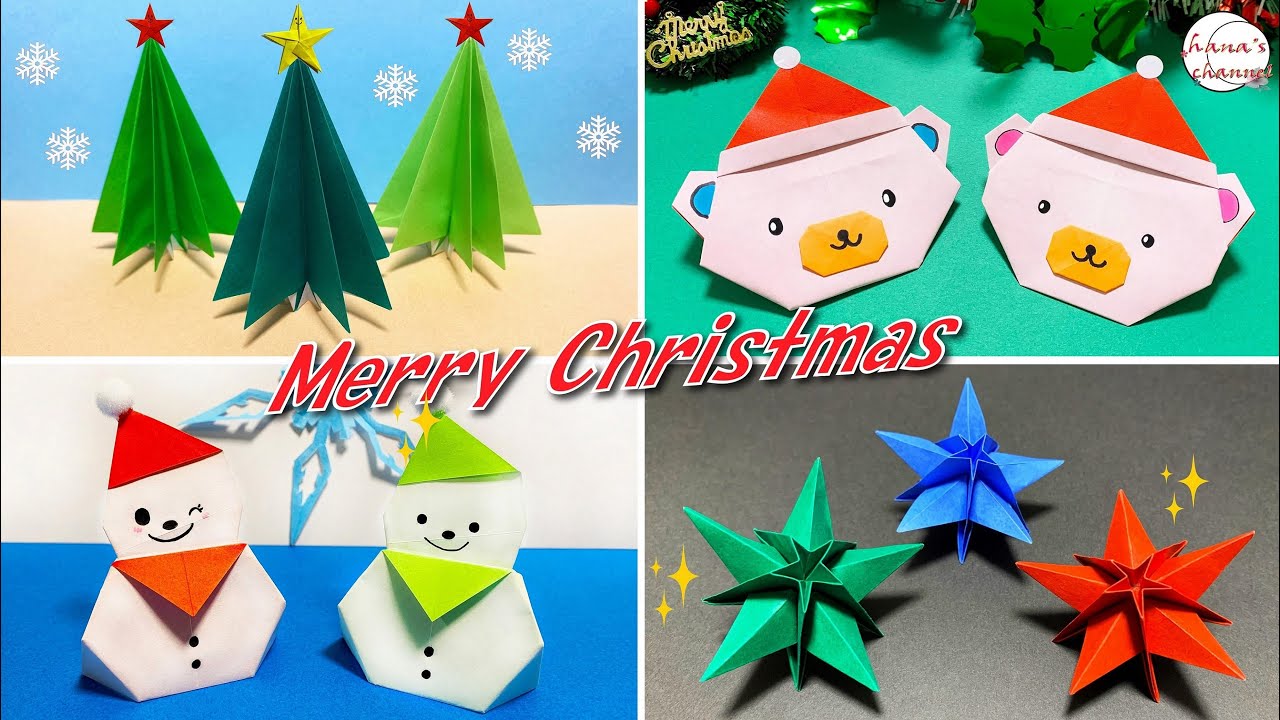 クリスマス 折り紙】クリスマスツリー🎄熊のサンタ🎅雪だるま⛄星🤩How