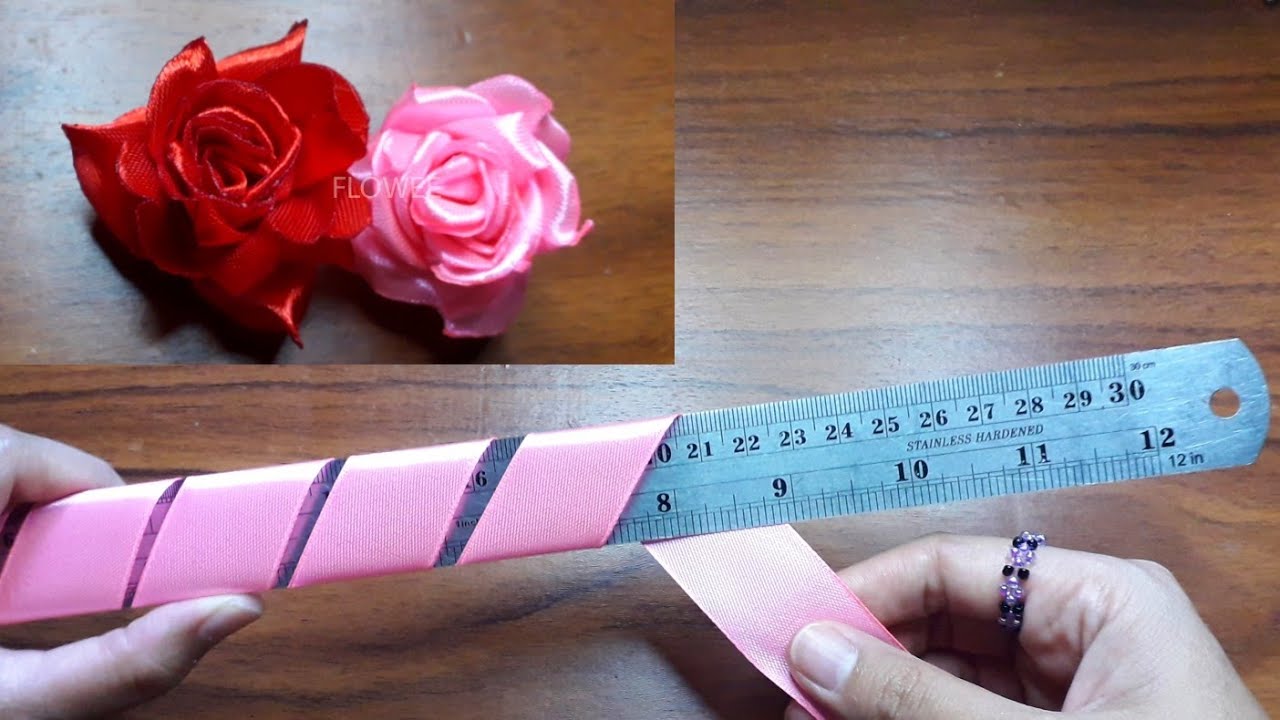 Amazing ribbon flower trick Easy ROSES making with ruler DIY YouTube