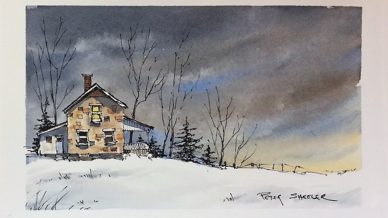 Line and Wash Watercolor. Dramatic nighttime sky. Simple, fun and easy