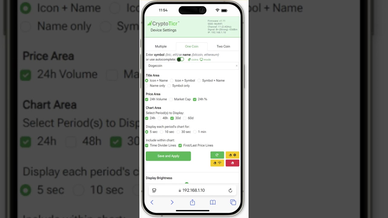 Latest firmware v1.11 CryptoTicr Device Settings Page