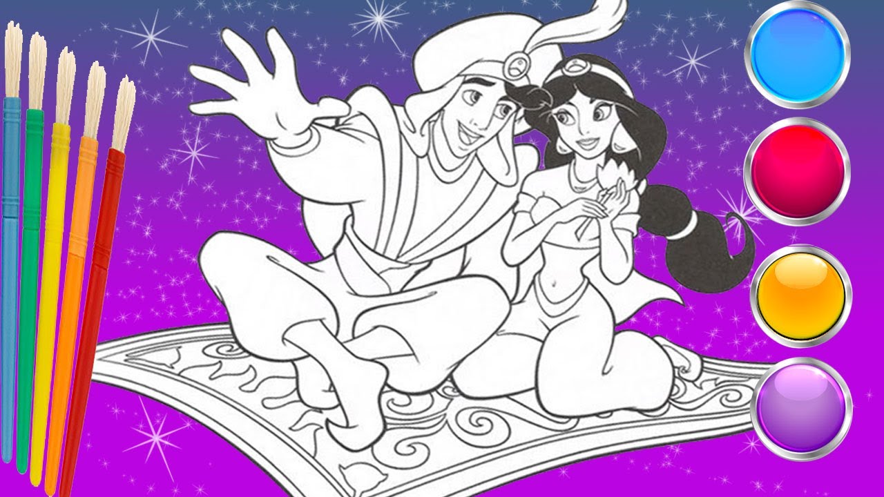 Draw and coloring Aladdin and princess Jasmine on flying carpet for