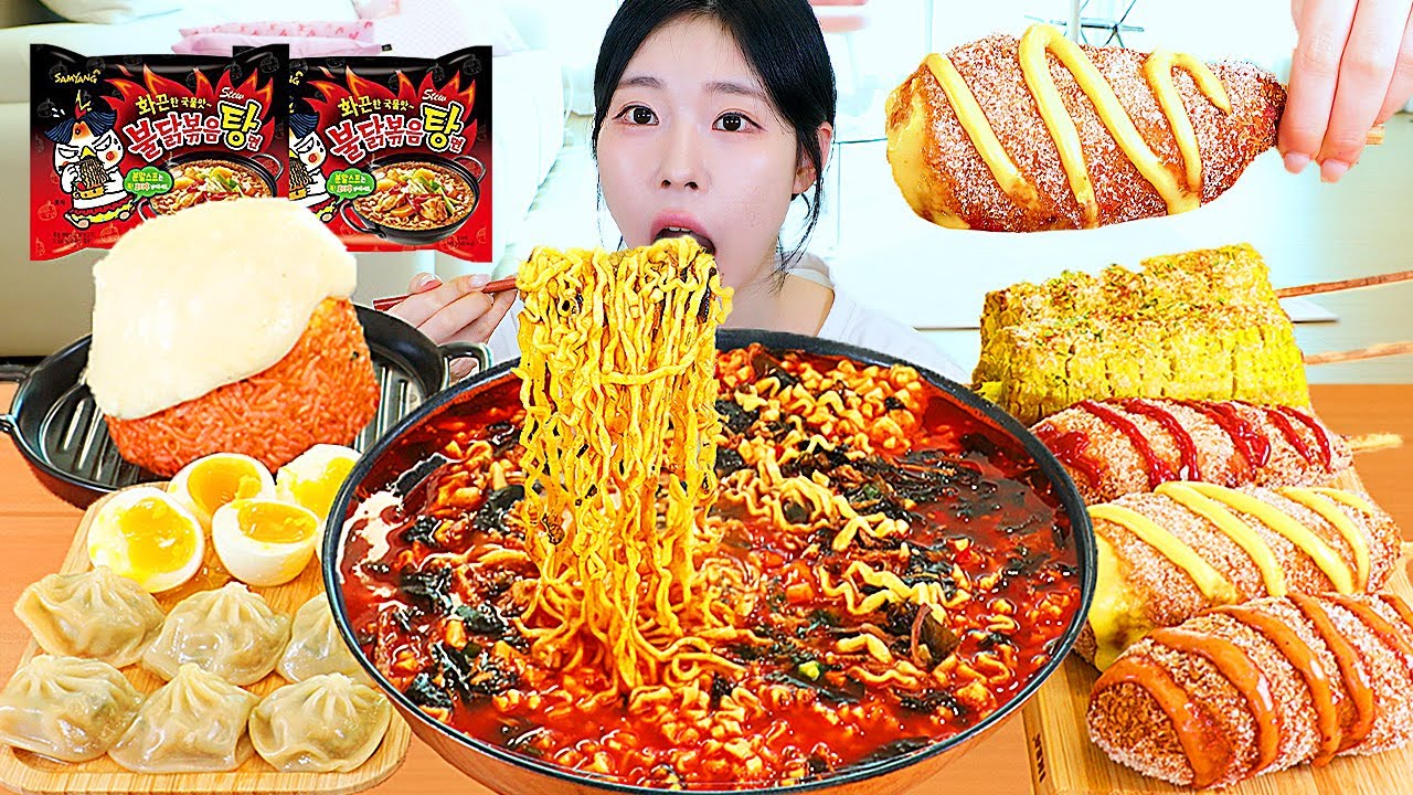 ASMR MUKBANG| 직접 만든 불닭미역탕면 치즈핫도그 만두 먹방 & 레시피 FIRE NOODLES AND HOT DOG EATING