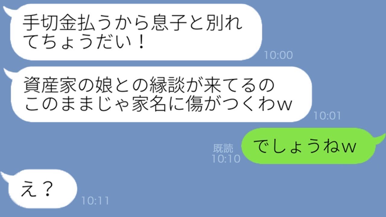 【LINE】良家に嫁いだ私を奴隷扱いし離婚を狙い嫁いびりを楽しむ姑「息子には資産家の娘と再婚してもらうからｗ」→言う通りにした半年後、性悪義母のある秘密が明るみになりお金も家族も失った末路が笑える…ｗ