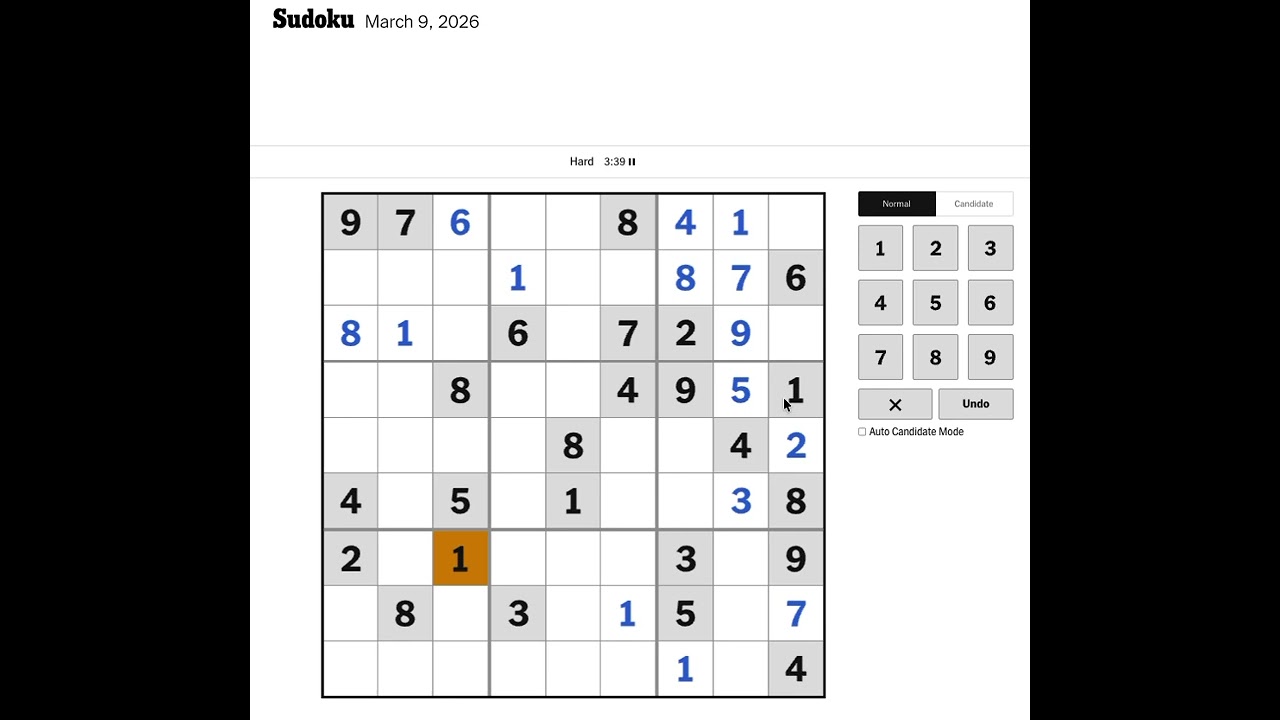 New York Times Sudoku Hard Solution for March 9, 2026: Solving without Markings