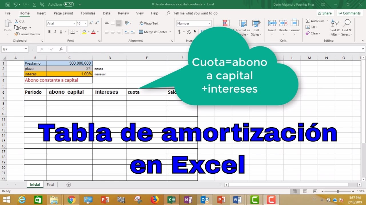 Tabla de amortización en Excel con abono a capital constante YouTube