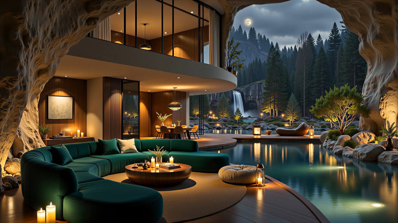 🌙 4K Tranquil Cave Villa Jazz | Moonlit Waterfall, Cozy Fireplace & Peaceful Night Ambience 🎶🌿