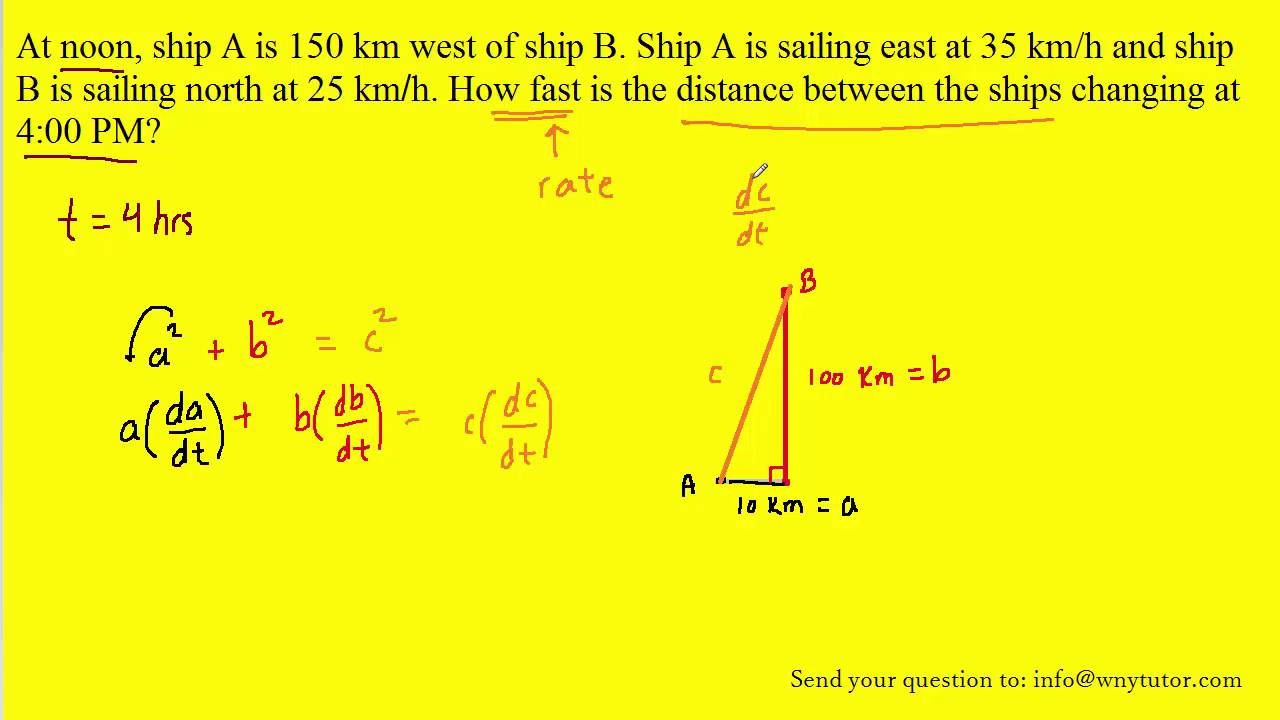 At noon, ship A is 150 km west of ship B. Ship A is sailing east at 35 km/h  and ship B is sailing no