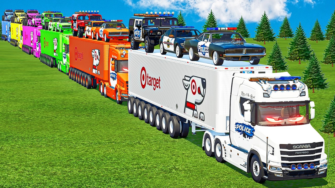 LONG CONVOY TRANSPORT OF COLORS! COPS DODGE HELLCAT, POLICE BMW, JEEP 4X4 & SCANIA TRUCKS! FS 25