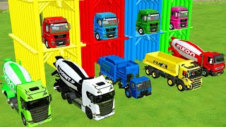 TRANSPORTING EXCAVATOR, MIXER TRUCK, BULLDOZER, POLICE CARS TO GARAGE WITH MAN TRASH TRUCK - FS22