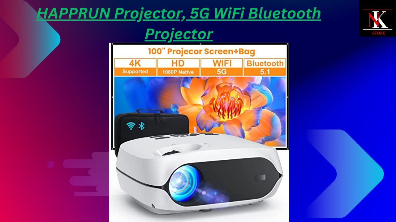 HAPPRUN Projector, Native 1080P Bluetooth Projector with 100''Screen, 9500L  Portable Outdoor Movie Projector Compatible with Smartphone