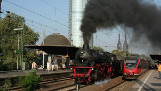 Very long special train - steam locomotive 41 360 + 52 8134-0 banging to Limburg an der Lahn