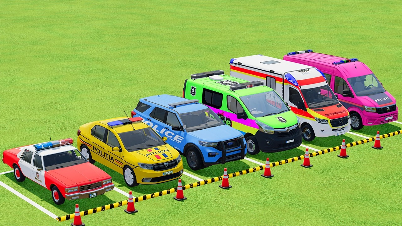 TRANSPORTING POLICE CARS, AMBULANCE, FIRE TRUCK, COLORFUL CARS WITH TRUCK - FARMING SIMULATOR 22 #17