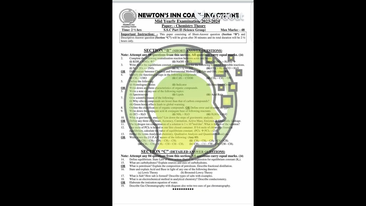 Newtons inn Coaching center Chemistry mid term paper for class 10th 2023-2024
