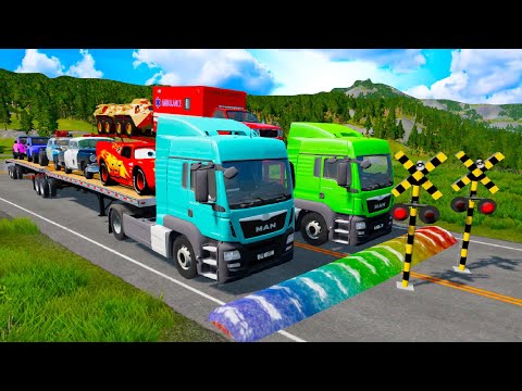 Double Flatbed Trailer Truck vs Speed Bumps Train vs Cars Tractor vs Train 