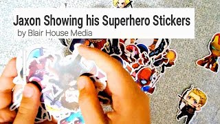 Jaxon Showing his Superhero Stickers, Avengers, Comics