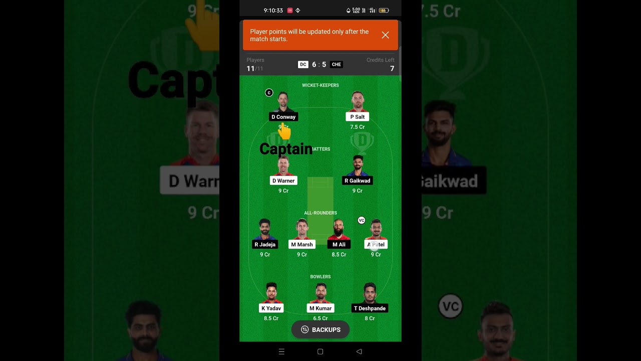 my Today's Dream 11 team CSK vs DC 