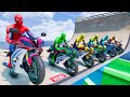 SUPERHEROES ON A MOTORCYCLE WITH SPIDERMAN SUITS - WATER SLIDE AROUND THE BUILDING