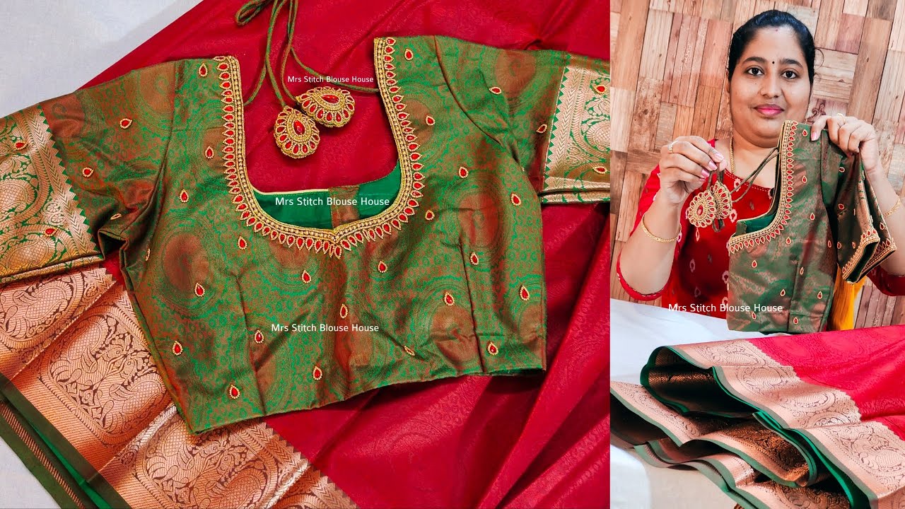 Customized Aari Embroidery Blouse Hangings Copper Silk Saree Bridal