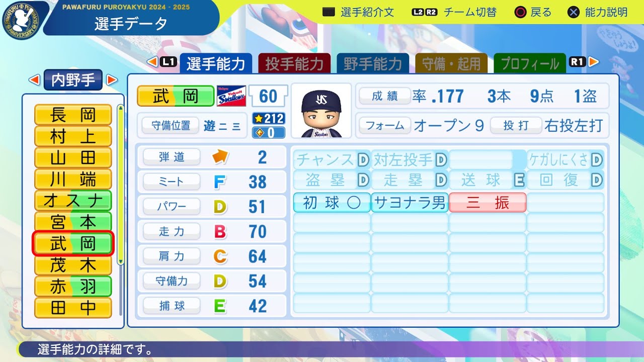 パワプロ2025選手名鑑/NPB25Stats】ヤクルト 60 武岡龍世選手 SWALLOWS