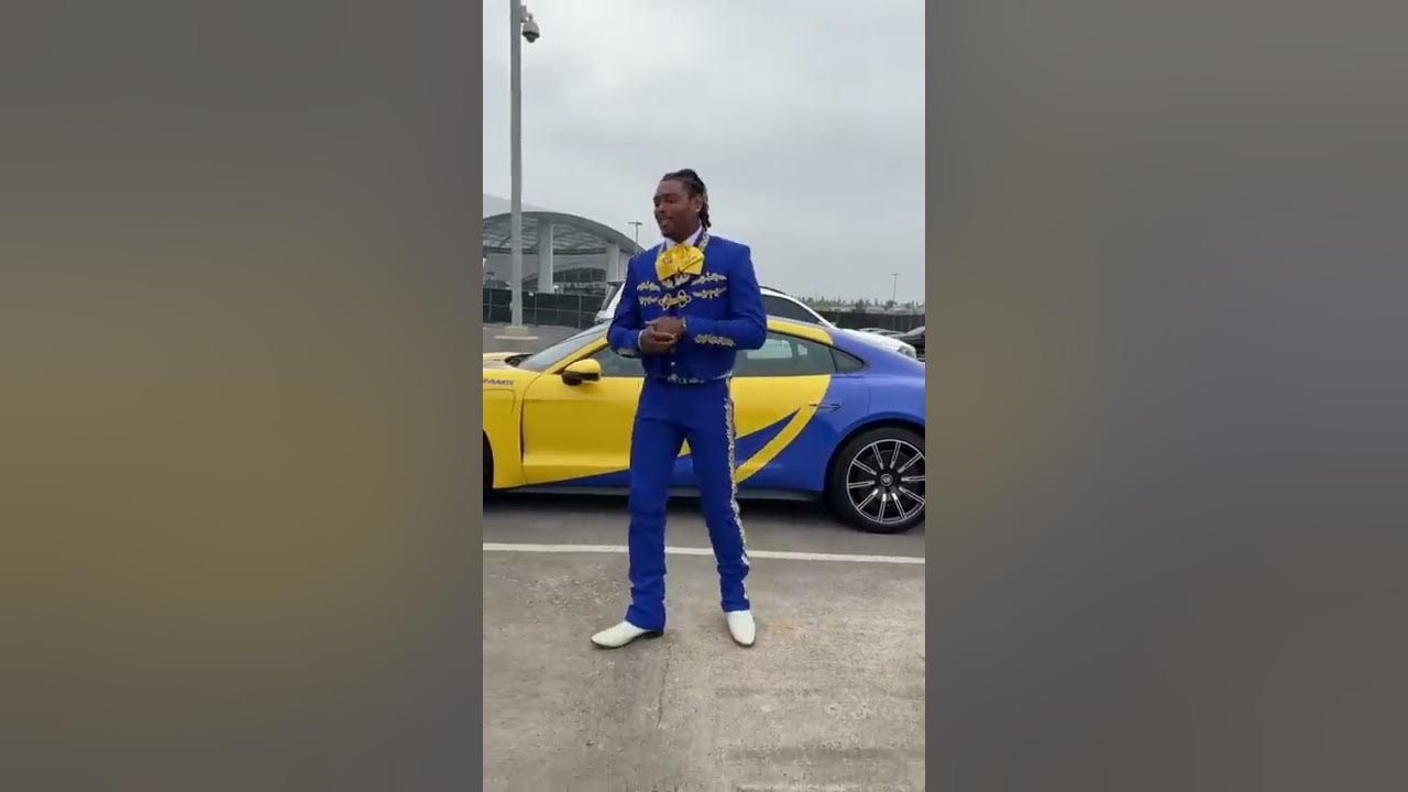 LA Rams Jalen Ramsey arrives to game against Buccaneers in Rams painted car  and Mexican outfit ?? - YouTube