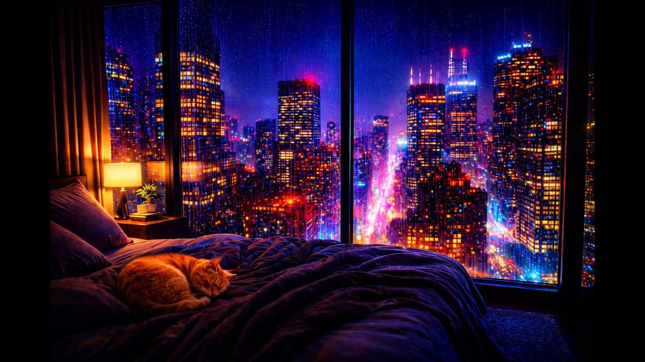 Heavy Rain on Window in Luxury Penthouse 🌃 City Sounds for Sleeping & Insomnia