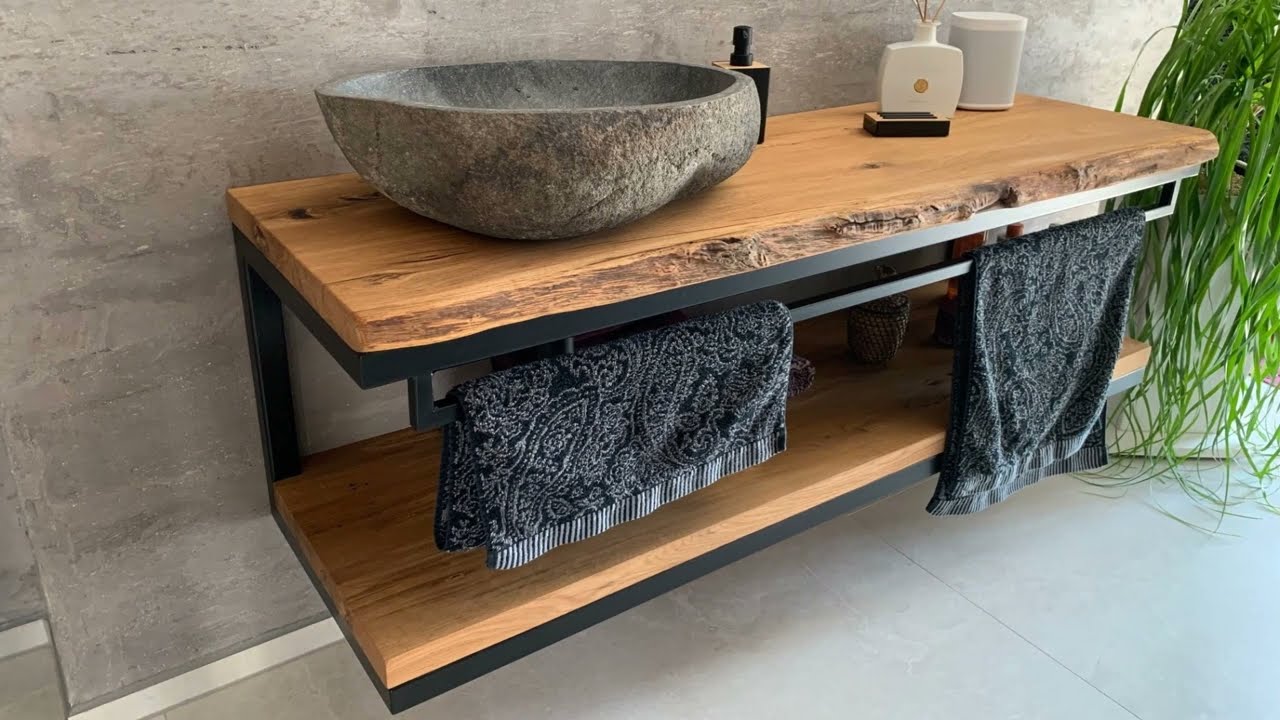 Spon-holz Badezimmer Waschtisch rustikal aus Eiche Massivholz mit Baumkante Schublade, Einlegeboden