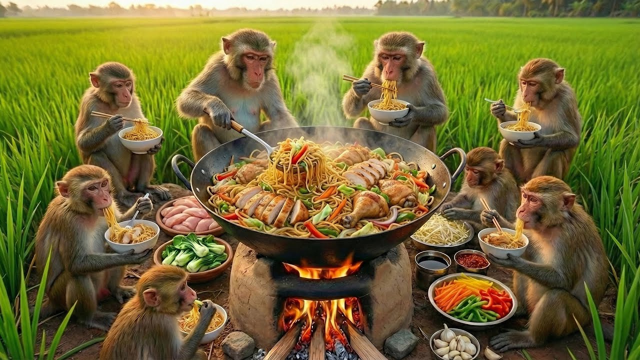 बंदरों ने मिलकर चिकन नूडल्स बनाए।😋 🐒| Wild Monkeys Cooking Giant Chicken Noodles on a Farm 🍜🐒